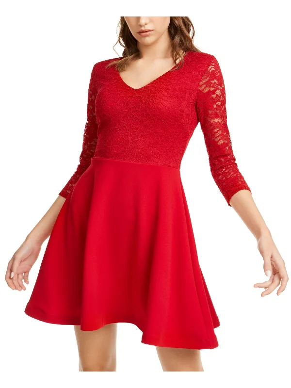 B DARLIN Womens Red Lace 3/4 Sleeve V Neck Short Party Blouson Dress Simple Lace Dress