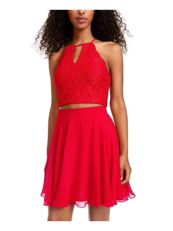 CITY STUDIO Womens Red Embroidered Lace Floral Sleeveless Keyhole Short Cocktail Fit + Flare Dress Lace Dress Fashion