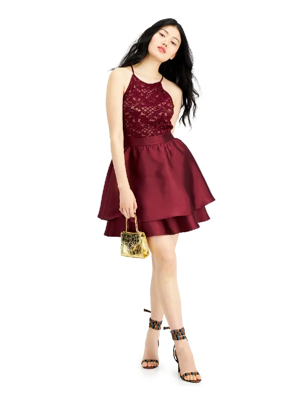 EMERALD SUNDAE Womens Maroon Ruffled Lace Spaghetti Strap Halter Short Party Fit + Flare Dress Lace Dress Party