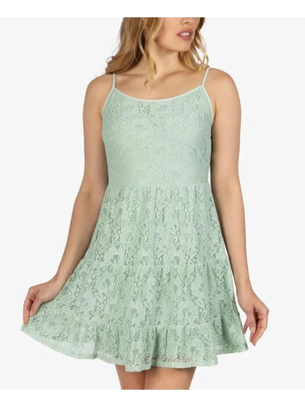 SPEECHLESS Womens Green Stretch Lace Tiered Floral Spaghetti Strap Scoop Neck Short Baby Doll Dress Lace Dress Summer