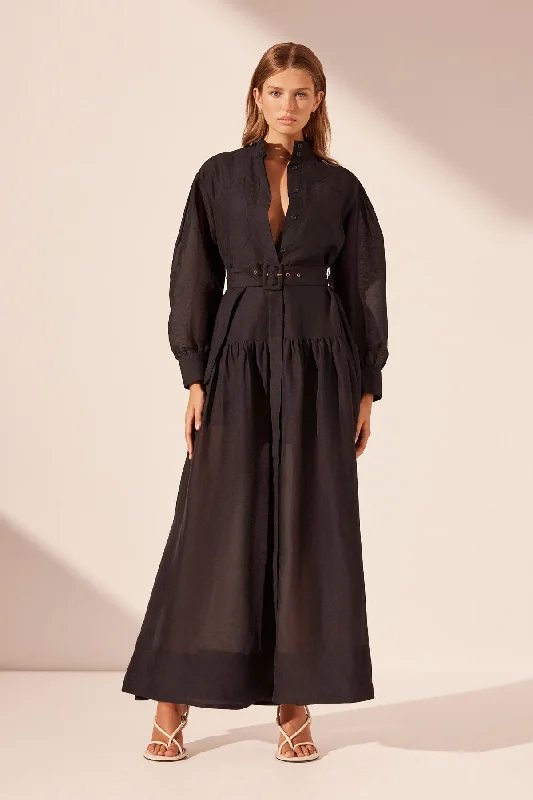 CELESTE LONG SLEEVE TIERED SHIRT MAXI DRESS - BLACK Flowy Maxi Skirt