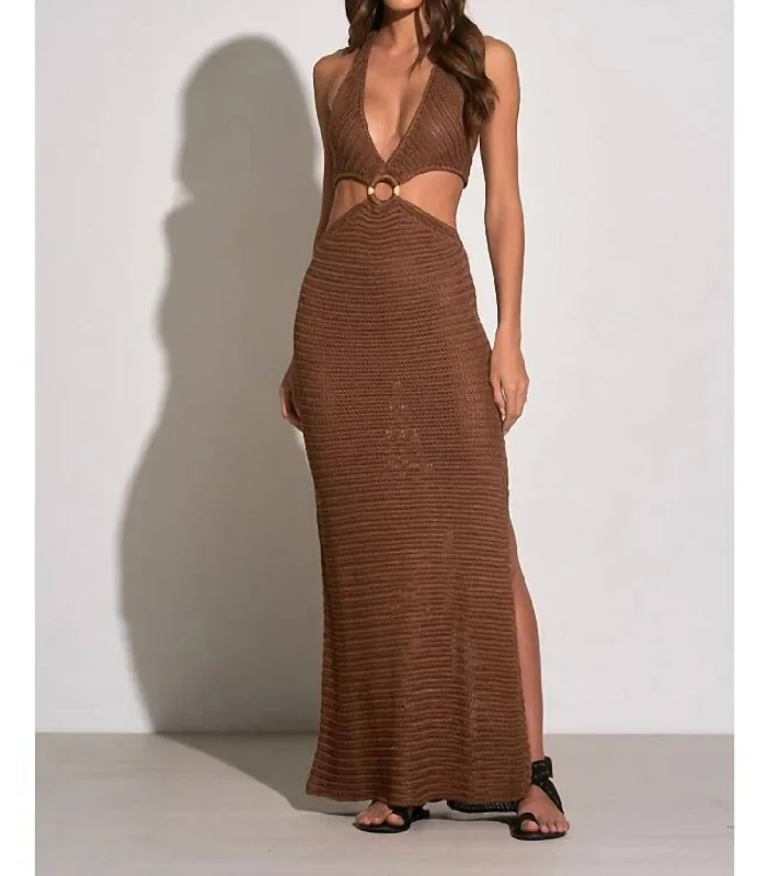 Crochet Maxi Halter Cut Out Dress In Brown Printed Long Skirt