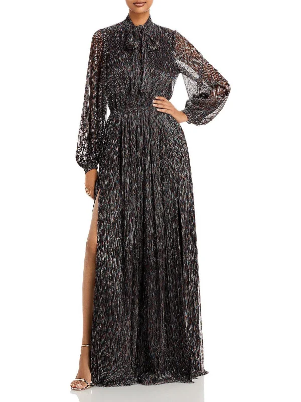 Soliana Womens Metallic Long Sleeves Evening Dress Printed A-line Maxi