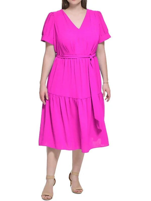 Plus Womens Tiered Polyester Midi Dress Elegant Satin Skirt