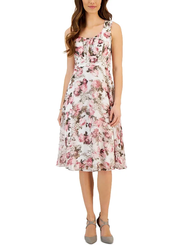 Womens Floral Print Chiffon Midi Dress Elegant A-line Skirt