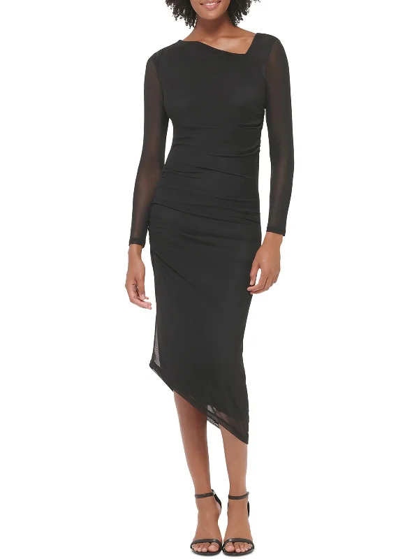 Womens Sheer Midi Bodycon Dress Front Button Midi