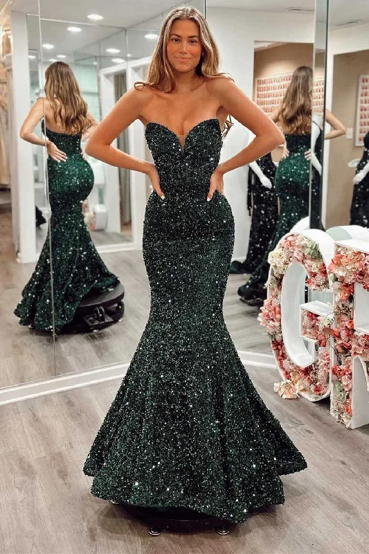 Dark Green Sequin Strapless Trumpet Long Prom Gown Bright Sequin Dress