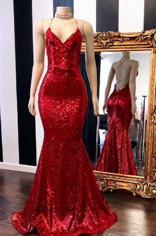 Mermaid Criss Back Red Sequins Long Prom Dress Sequin Dress Glamour