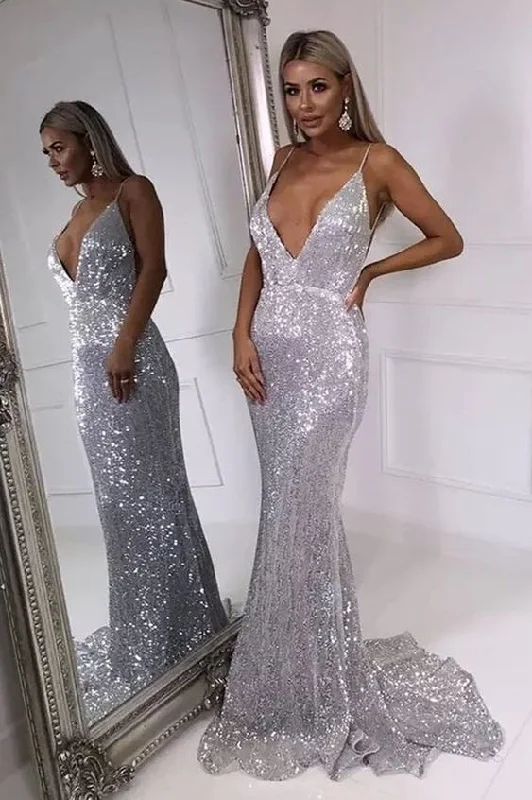 Mermaid V-Neck Sequins Silver Prom Dress Sparkly Mini Sequin