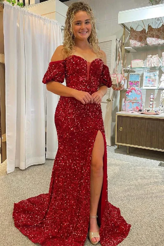 Red Sequin Off-the-Shoulder Mermaid Long Prom Gown with Puff Sleeves Strapless Sequin Dress Red Sequin Off-the-Shoulder Mermaid Long Prom Gown with Puff Sleeves Strapless Sequin Dress