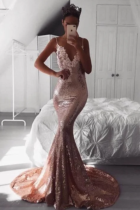 Sexy Rose Gold Sequins Mermaid Long Prom Dress High Neck Sequin