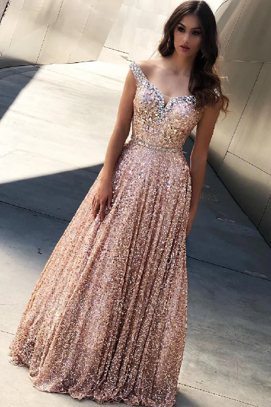 Sparkly Off Shoulder A-Line Rose Gold Sequin Long Prom Dress Metallic Sequin Dress