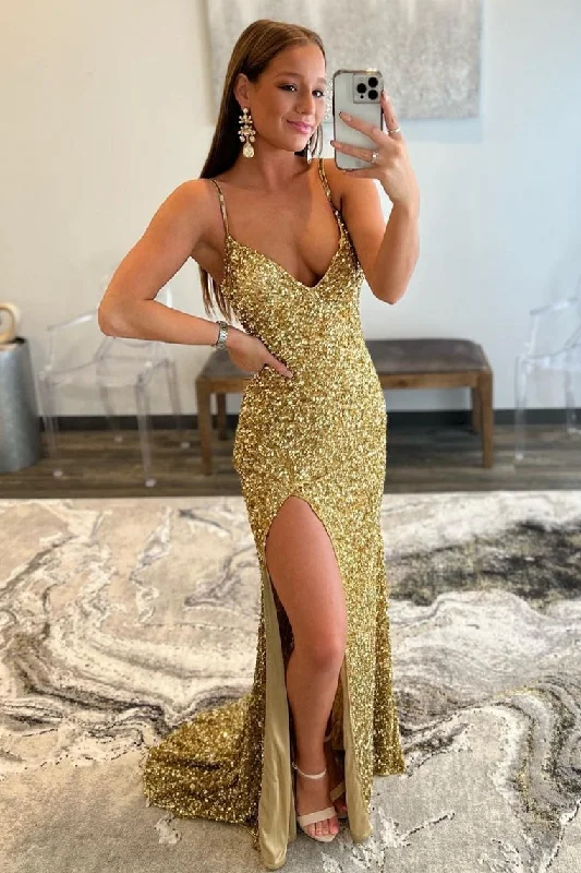 Straps Gold Sequin Mermaid Long Formal Dress Sexy Sequin Dress