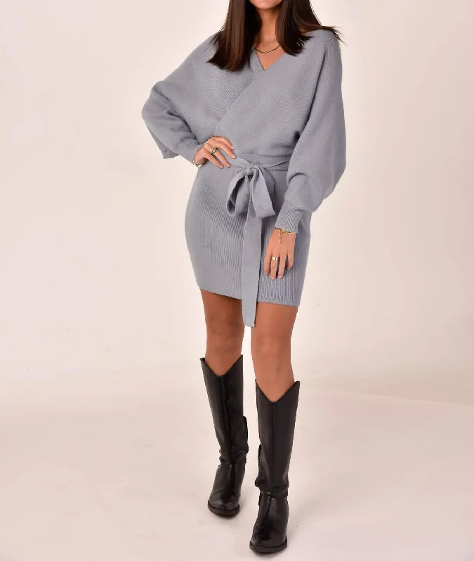 Long Sleeve Wrap Sweater Dress In Blue Ash Ribbed Sweater Dress